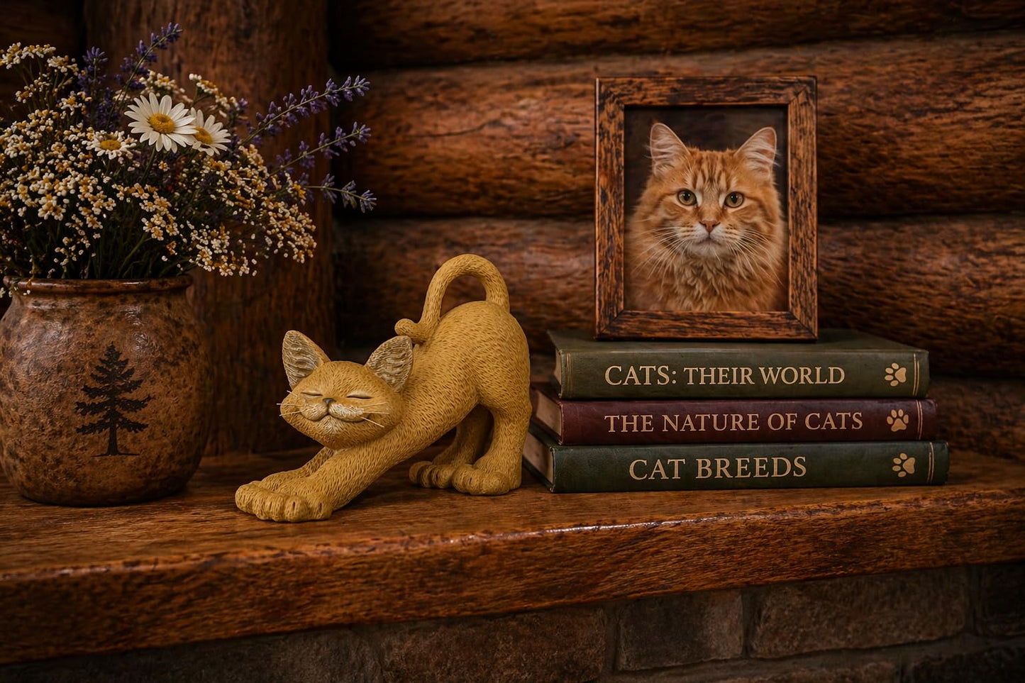 Stretching Orange Cat Figurine – 3 Inch Cute Cat Statue, Yoga Cat Decor for Home, Desk or Shelf, Rustic Cabin Style Animal Figurine Gift for Cat Lovers