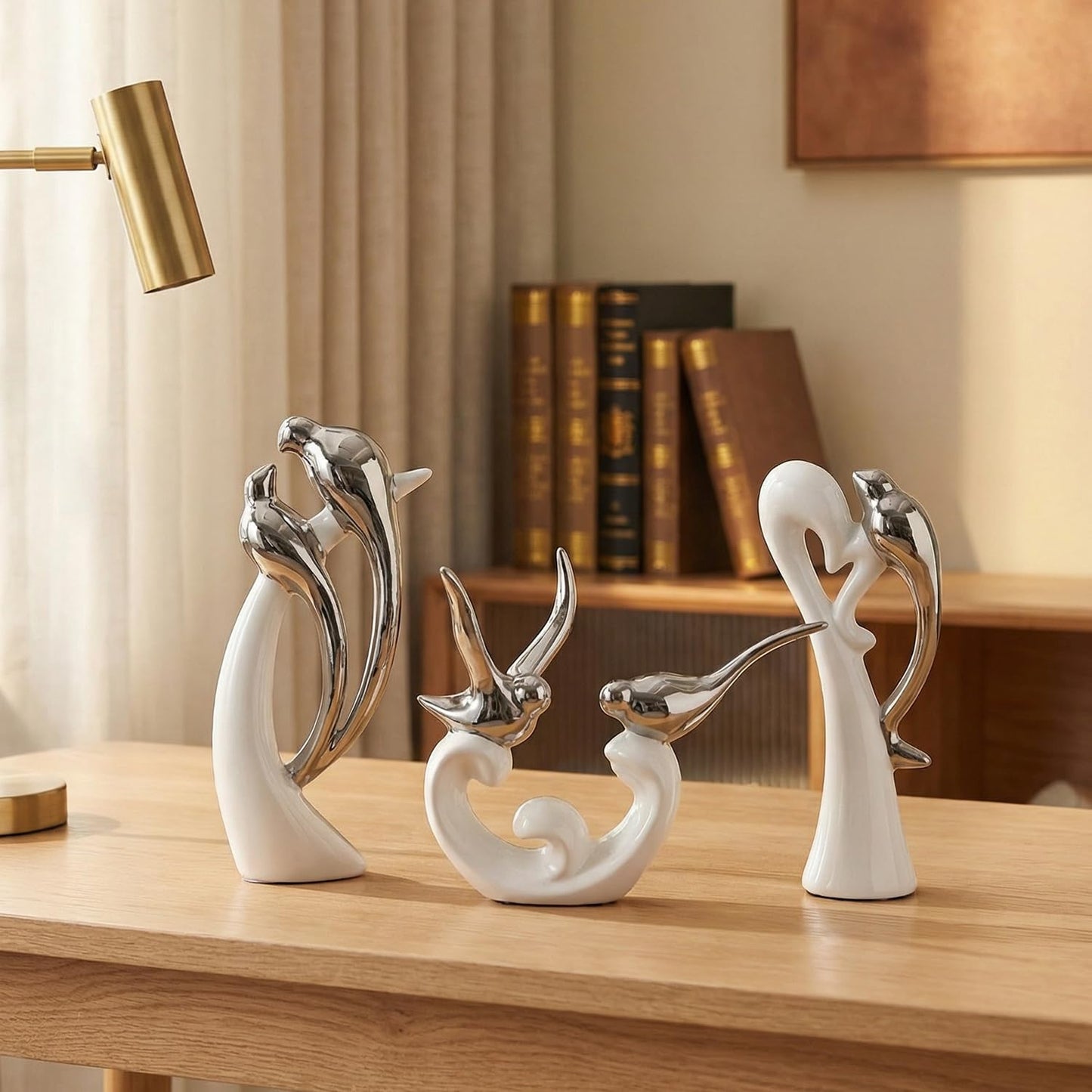 Dneuoir Ceramic Statues Set of 3, Birds and Base Sculpture Modern Home Decor Aesthetic Abstract Decorative Statue for Living Room Bedroom Bookshelf Dining Table Centerpiece Office (White and Silver)