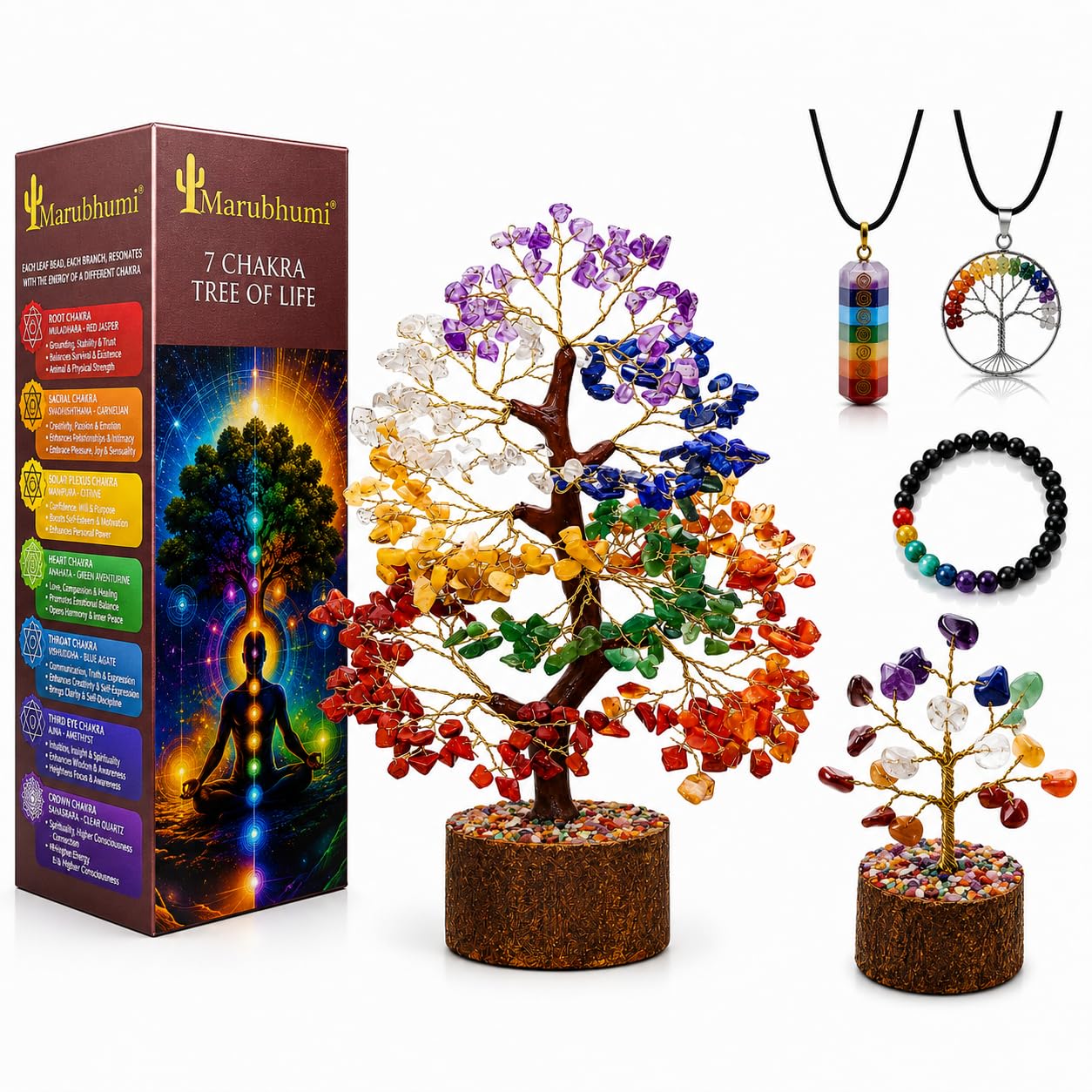 Chakra Healing Crystal Tree Kit with 7 Chakra Bracelet and 2 Pendant Necklace Handmade Bonsai Gemstones Trees for Home Decor, Positive Energy, Money, Good Luck Birthday Gifts for Women, Mom