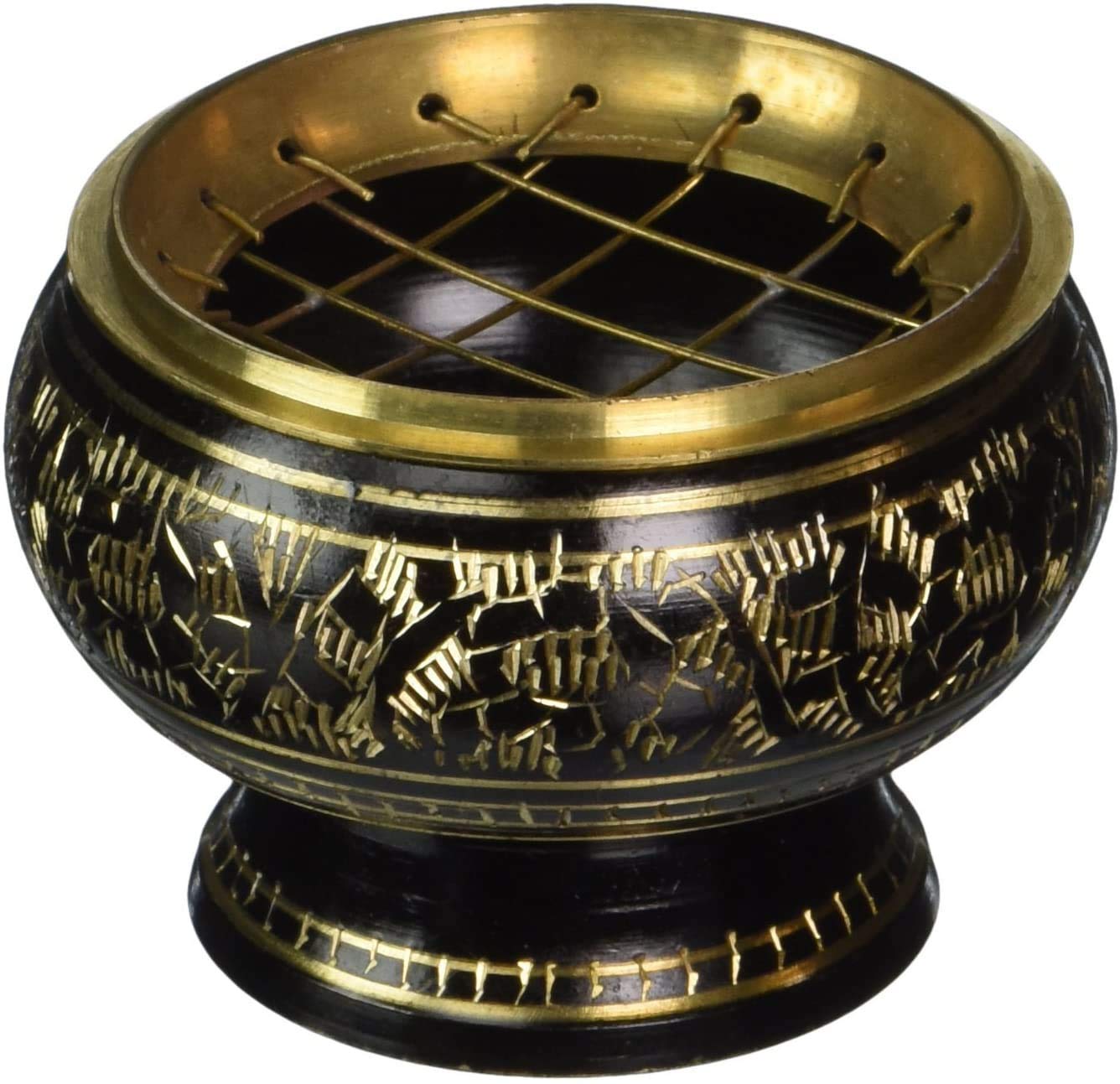 Jmd Enterprises Small Decorated Brass Charcoal Screen Incense Burner With Wooden Coaster (Black)