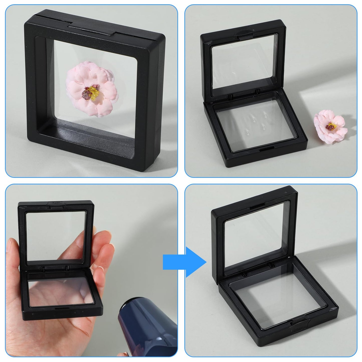 60 Pcs 3D Floating Display Case, 2.8 x 2.8 x 0.8 Inch Transparent Film 3D Floating Coin Display Frame Holder Stands for Challenge Coins, Jewelry, Shells, Gems, Rocks, Fossils, Specimen (Black)