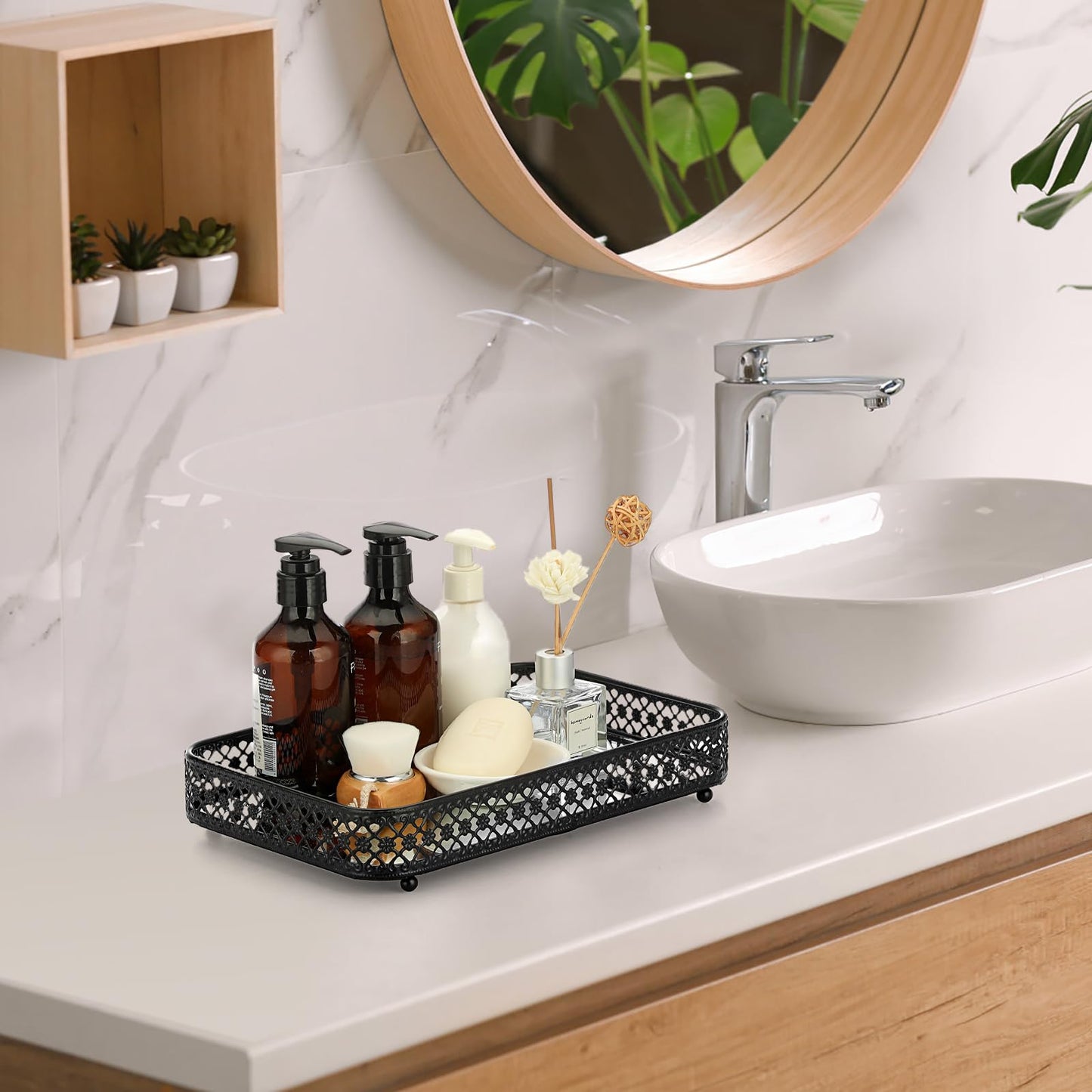 ELLDOO Black Perfume & Makeup Vanity Tray - Hollow-Carved Jewelry Storage, Glass & Metal Trinket Organizer for Dresser & Bathroom Countertop, Medium Size