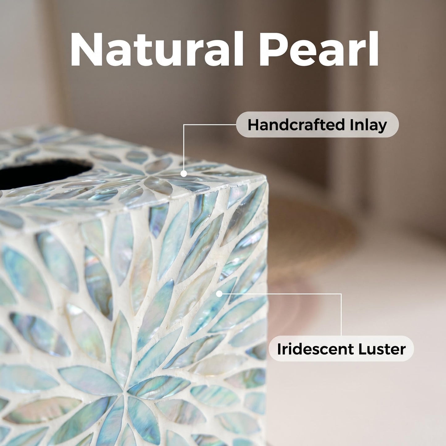 Elegant Mother of Pearl Tissue Box Cover, 5.9 Inch Cube Square Napkin Holder, Decorative Table & Bathroom Organizer with Rustic Charm, Mother of Pearl Bathroom Accessories (Seafoam)