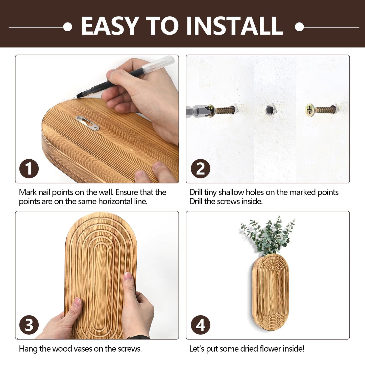 Zelura 2PCS Wood Wall Planter for Indoor Plants, Wooden Hanging Planter for Dried Flowers and Artificial Greenery Plants,Wood Pocket Vase for Living Room,Bedroom,Bathroom (Brown)