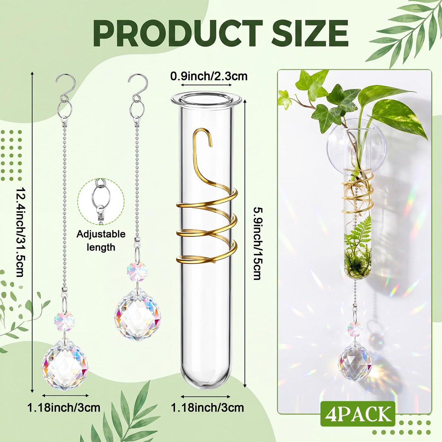 Zhehao 4 Set Window Hanging Propagation Stations 5.9'' Plastic Propagation Vases with Suction Cup & Crystal Pendants, Propagated Plant Holder Wall Jars for Home Office Garden Decoration Lover Gift