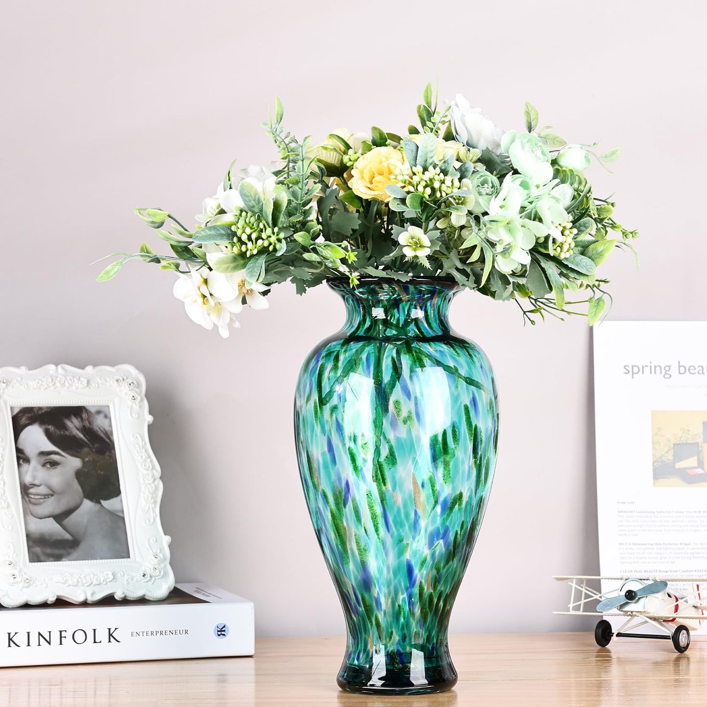 Hand Blown Glass Vase, Medium Wide Mouth Flower Vase Unique Modern Turquoise Glass Art Decor, Nonbreakable Vases for Table Centerpieces Living Room De