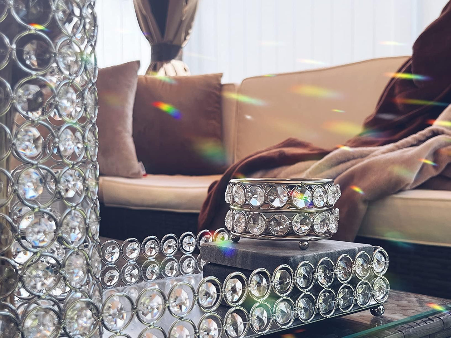 Feyarl Crystal Perfume Tray Cosmetic Vanity Makeup Tray Mirrored Jewelry Trinket Rings Earrings Organizer Storage Decorative Tray for Dresser Countertop Wedding Home Bathroom(13.7" x 7.87")