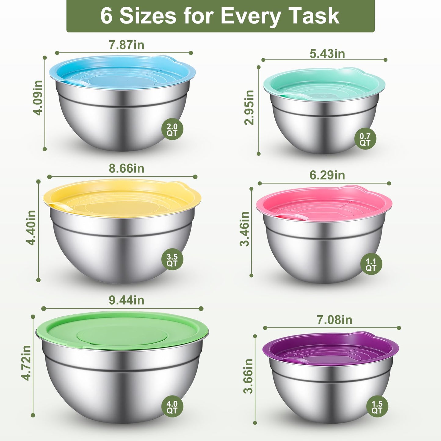Xyingshine Stainless Steel Mixing Bowls with Lids, 6-Size Nesting Set 0.7-4 QT, 3 Grater Inserts for Meal Prep, Baking, Serving & Storage