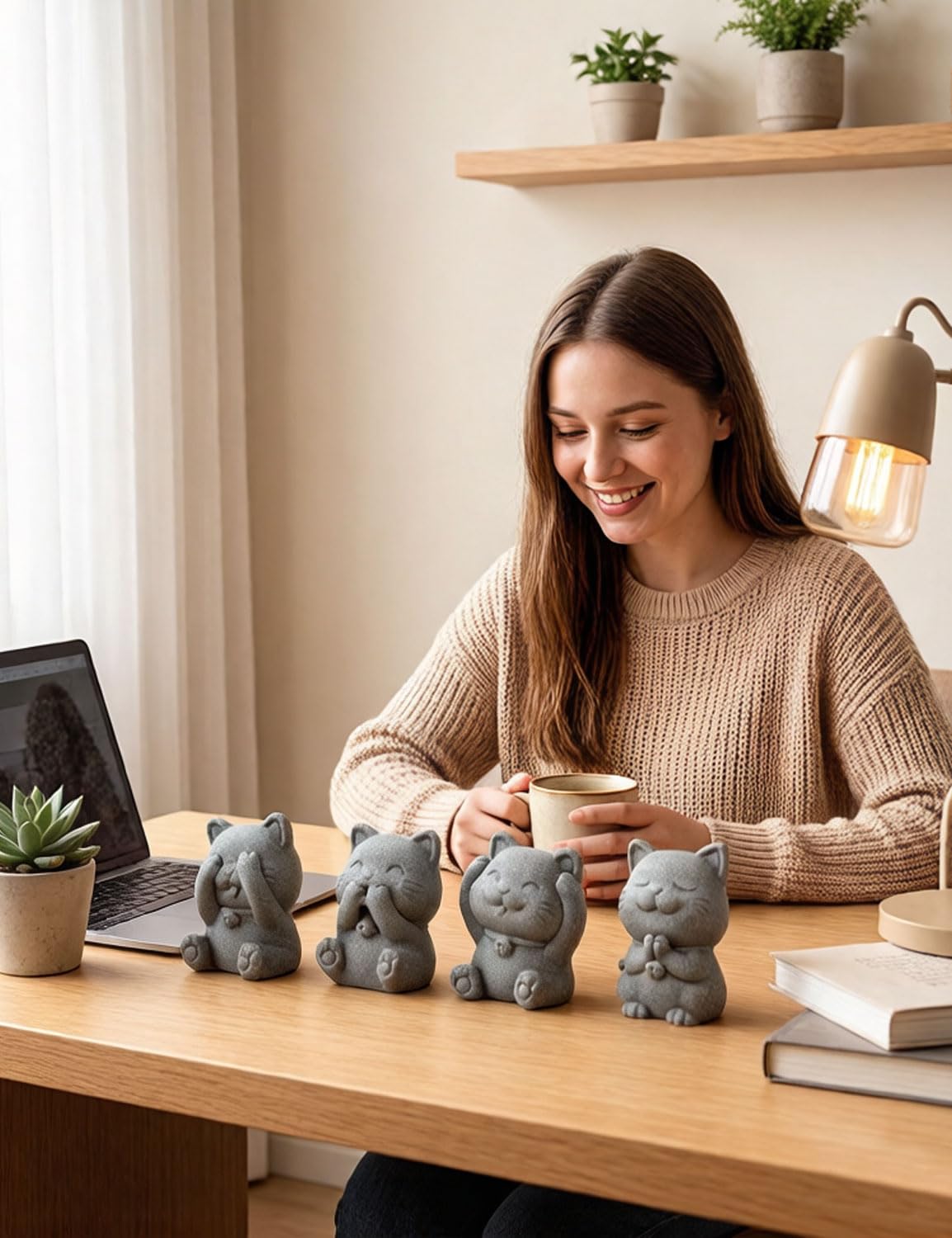 BEIZHAN 4 Piece Cute Cat Figurine Set, Sandstone See no Evil,Hear no Evil,Speak no Evil,Do no Evil Statues, Zen Desk/Garden Decor, Adorable Kitty Accents for Home Office