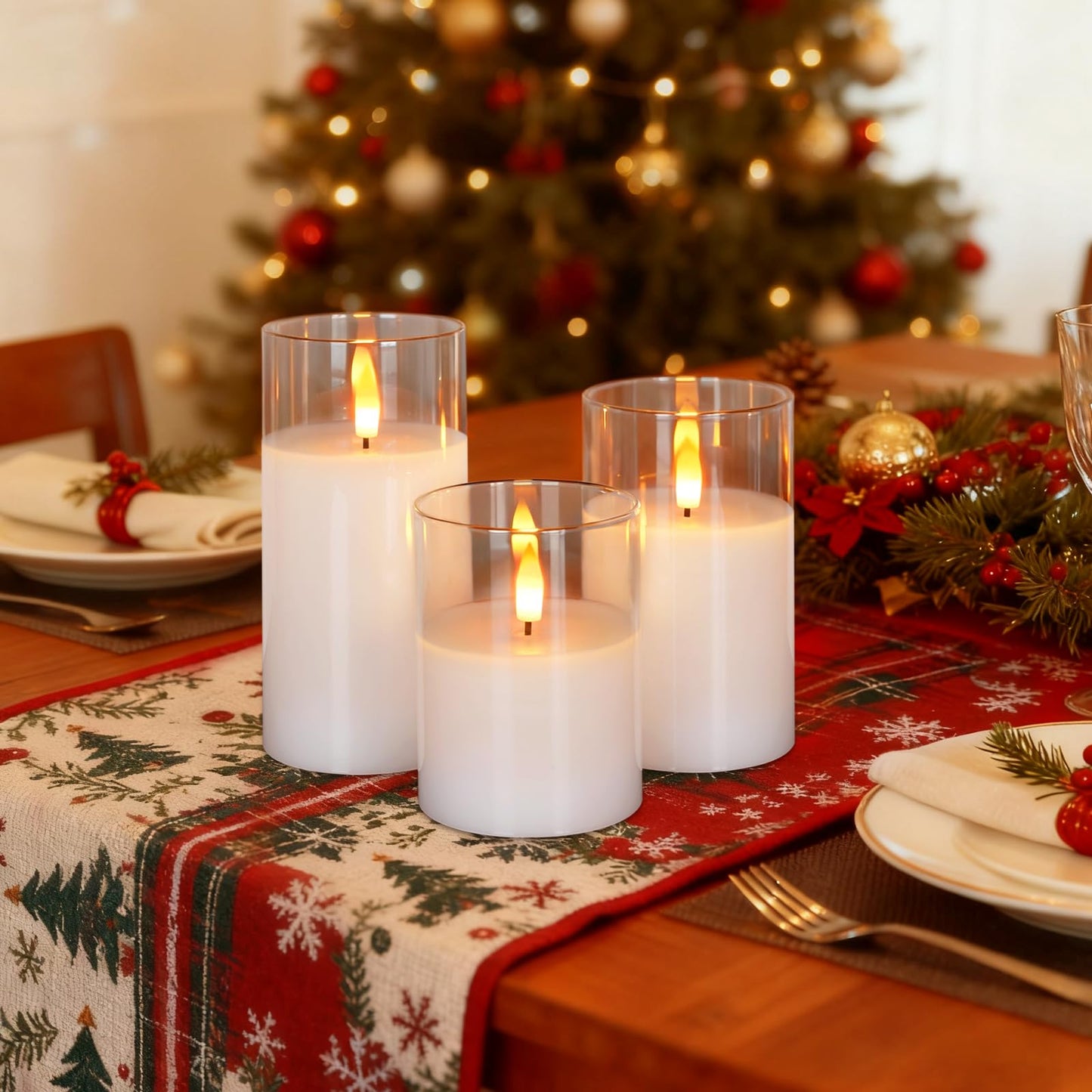 Amagic Clear Glass Flameless Candles Battery Operated with Timer, Remote Control, LED Pillar Candles, Battery Powered, Valentine's Day Decor, Pure White Wax, Set of 3