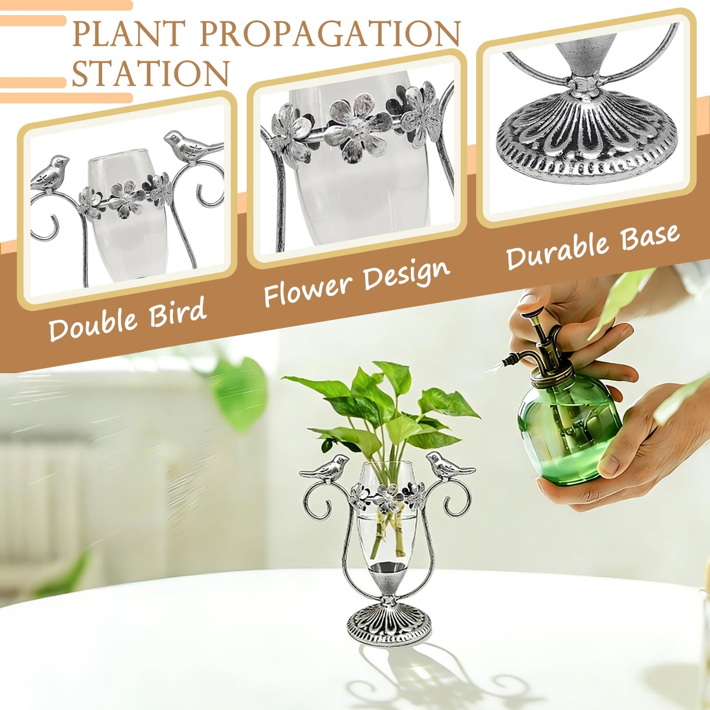 POXOHO Vintage Plant Propagation Station, Hummingbird Metal Glass Plant Terrarium Stand, Office Desk Room Unique Flower Vase, Plant Lovers Gift Ideas for Women, Men (Silver)