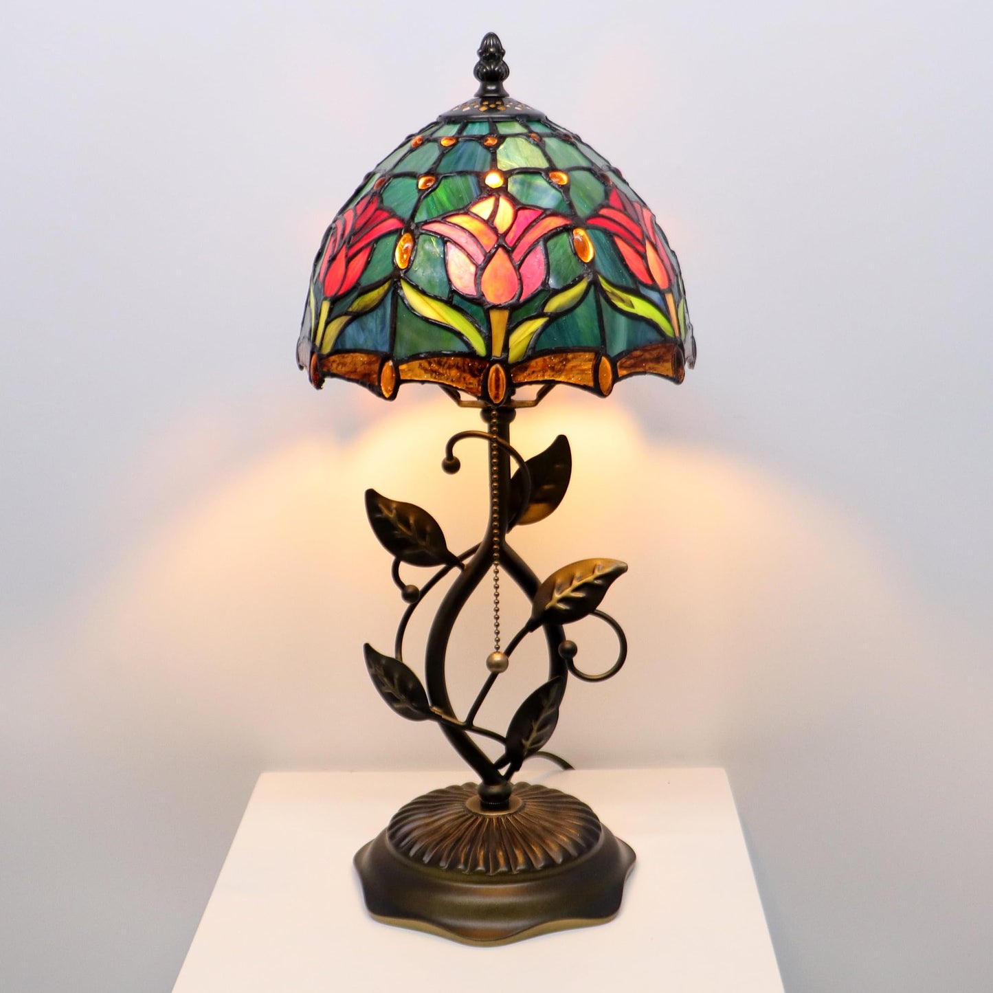 MQYXH Tiffany Style Stained Glass Table Lamp Red Blue Tulip 18 Inch