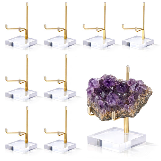 Oqqlin 8 Pcs Adjustable Metal Arm Display Stand, 2 x 2 x 3.5 Inch Gold Small Crystal Display Easel with Clear Acrylic Base Rock Mineral Stand for Picture, Rock, Geodes, Mineral, Agate