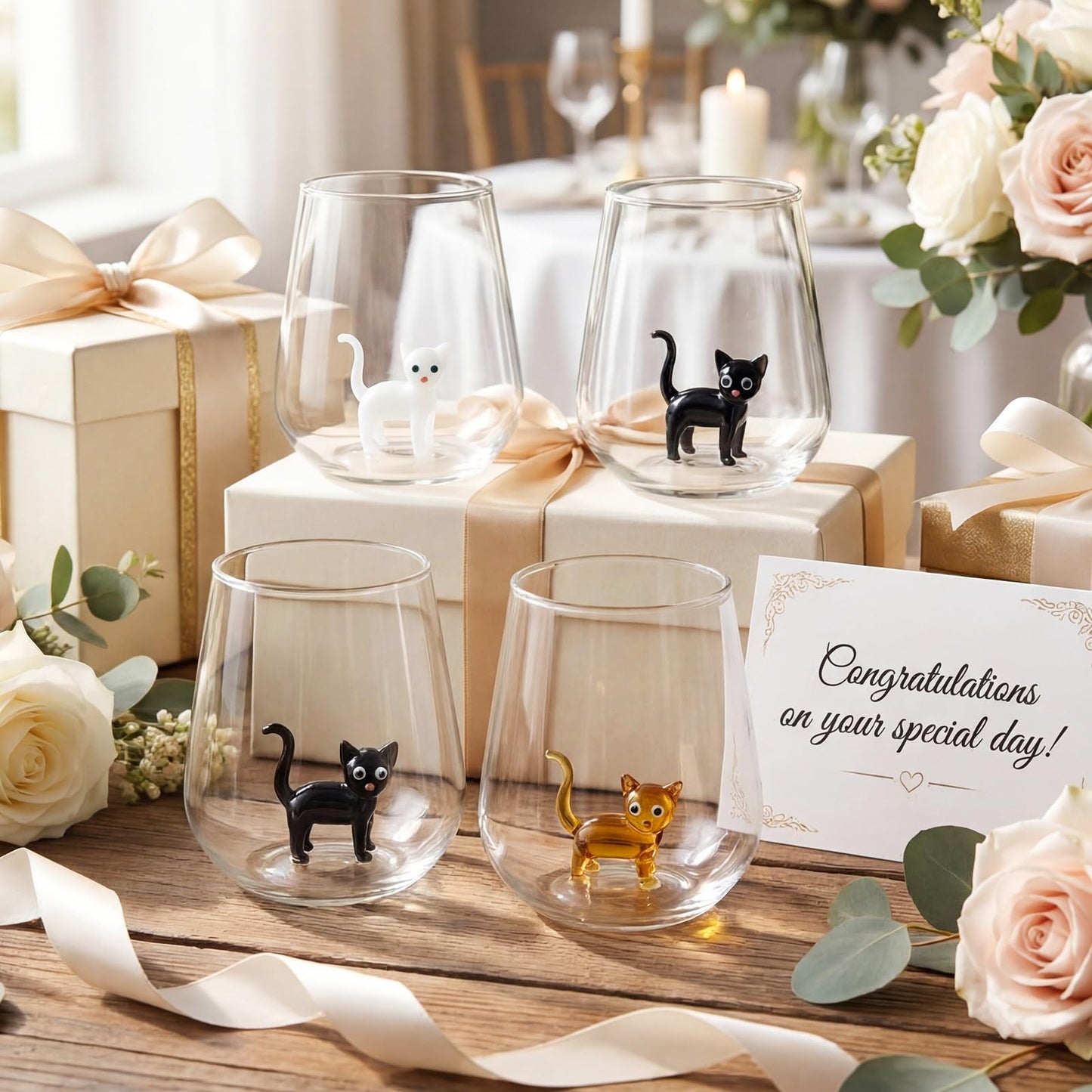 Yiyiring 4 Pcs Cat Figurine Glass Cup 3D Animal Cup Handmade Glassware for Unique Gift for Cat Lovers Gift Holiday Gifts Birthday Present Women Mum Her Wife or Boy Men