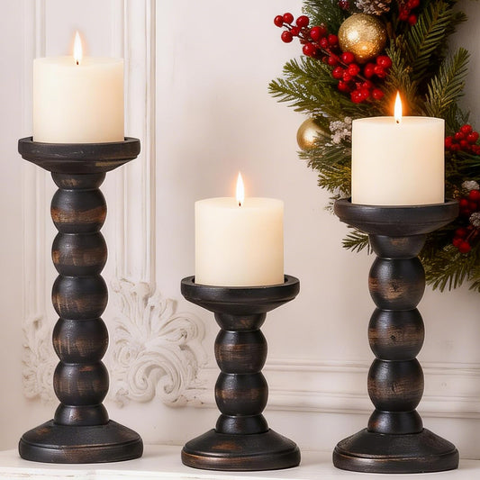 HuiDao Solid Wood Candle Holder, 3Pcs Rustic Black Candle Holders for Pillar Candles, Decorative Candle Holders Distressed Wooden Farmhouse Candle Holder Large for Fireplace Table
