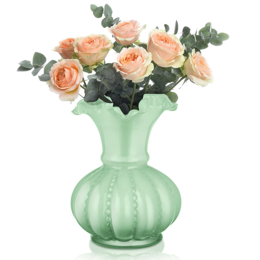Joeyan Handmade Green Glass Flower Vase,7.9" Vintage Decorative Urn Vase for Centrepieces Bouquet Wedding,Colored Thickened Pedestal Vase Decorations for Rustic Home Living Room Office Farmhouse