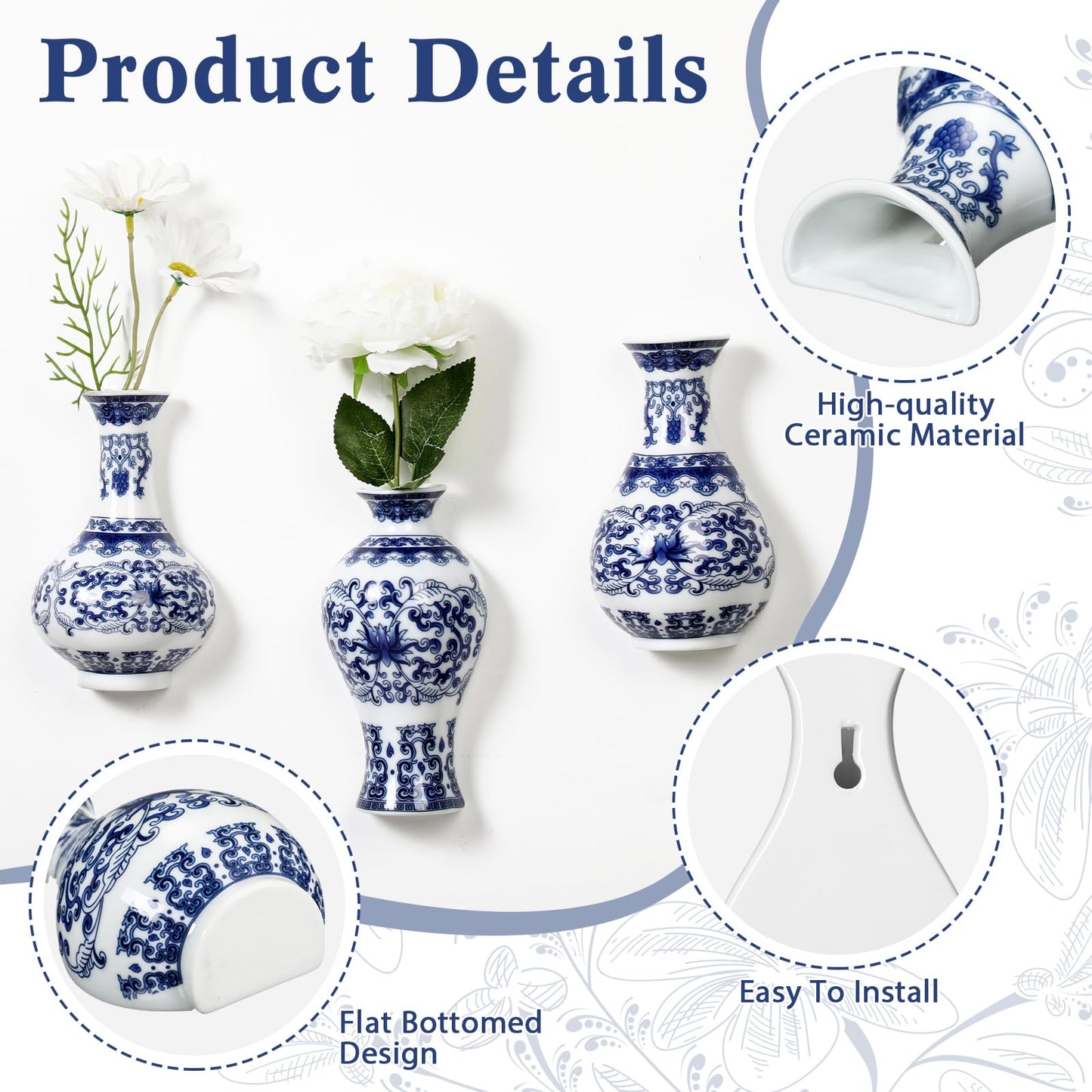 Set of 3 Small Blue and White Chinoiserie Vases Wall Mounted Decorative Ceramic Flower Vases 5.3 Inch 5.7 Inch Classic Vase for Home Decor