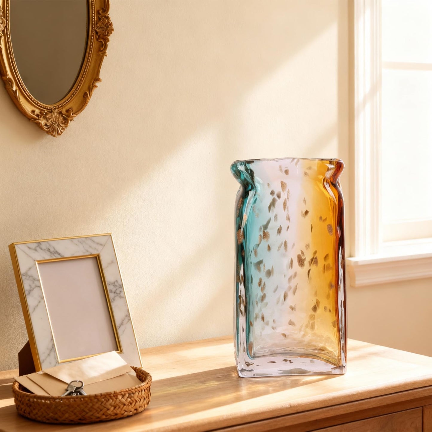 Hand Blown Glass Vase, Turquoise Teal Blue with Amber Orange