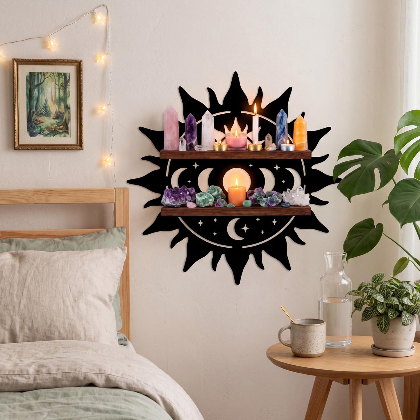 Moxweyeni Crystal Display Shelf for Wall, 11.8 Inch Sun Shape Floating Wooden Shelf with Iron Backing, Boho Wall Hanging Decor Organizer for Crystals, Stones, Gems, Home