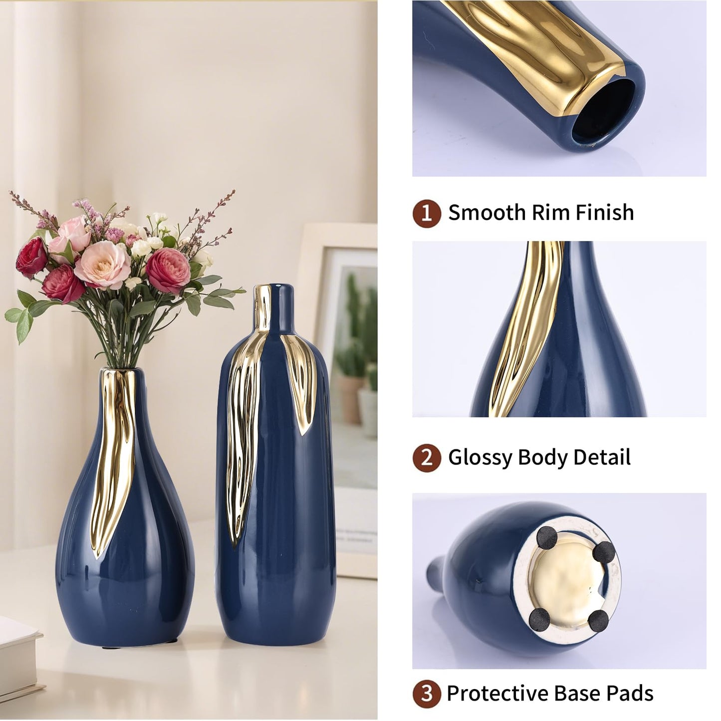 Blue and Gold Vase Set of 3, Modern Ceramic Decorative Vases for Living Room, Bedroom, Art Decor, Mantle, Home Event Decor, Office Decorative, Weddings, Rustic & Farmhouse (Blue Gold)