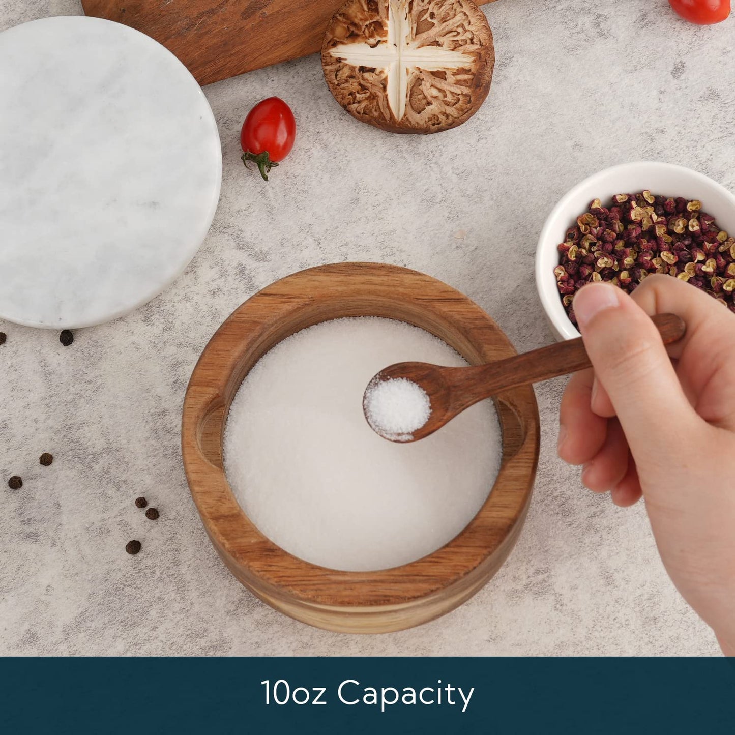 KITCHENDAO Marble Lid Acacia Salt Cellar Box Bowl with Built-in Spoon and Swivel Magnetic Lid Acacia Salt Cellar Box with Built-in Spoon