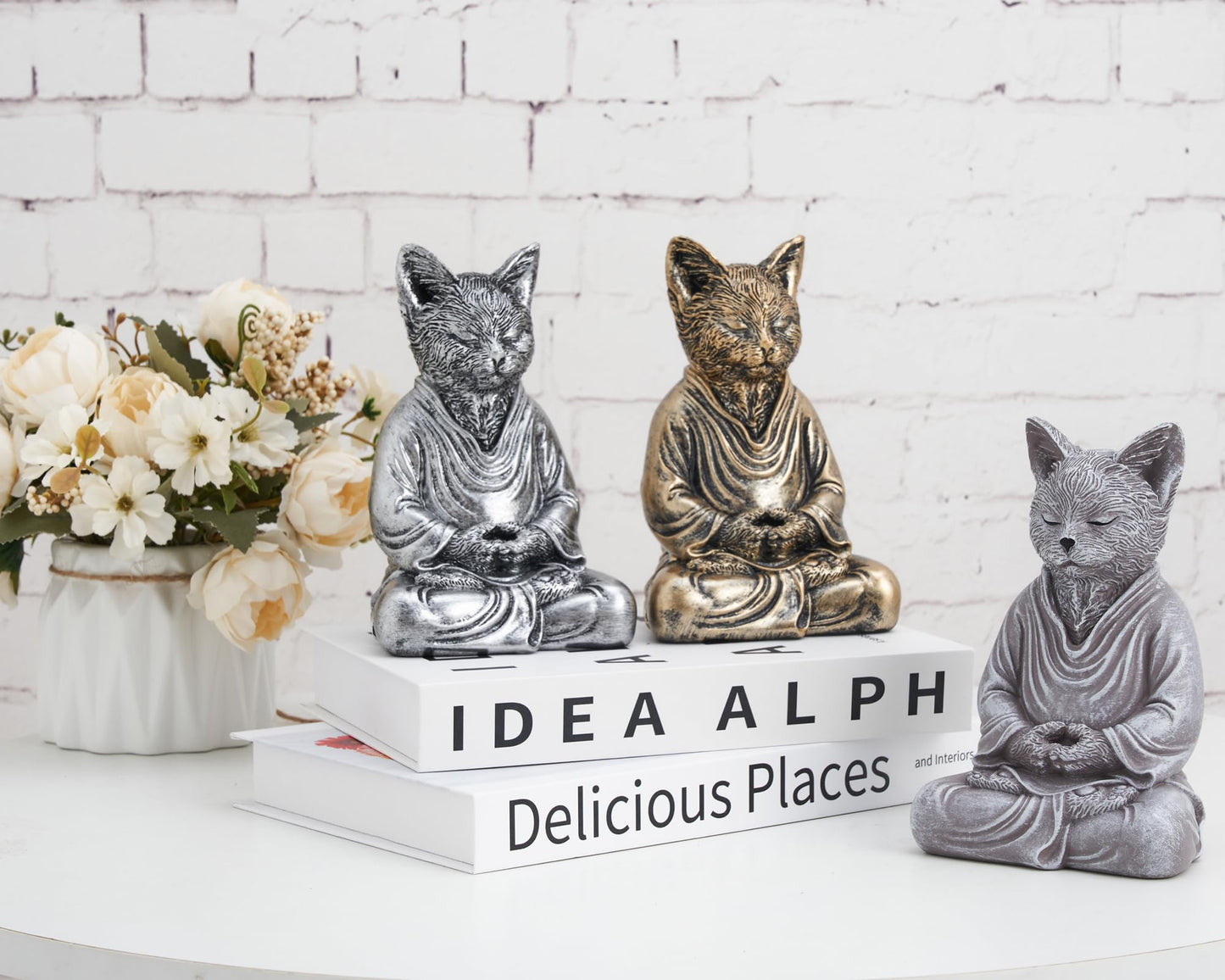 AMOIENSIS Cat Zen Buddha Statue Decor, 7 inch Antique Silver Resin Cat Statue Home Office Meditating Yoga Room Spiritual Decoration