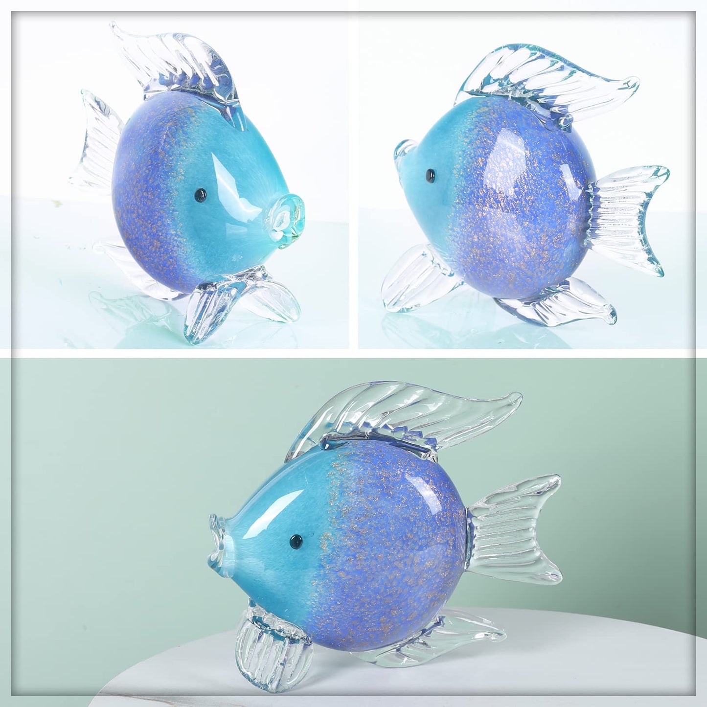oliruim Blue Glass Fish Art Decoration Hand Blown Glass Fish Figurine, Art Paperweight Collection, Modern Office Luxury Decorations(WA-7)
