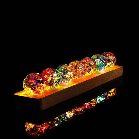 KRISININE 40mm 7pcs Colorful Ice Cracked Glass Crystal Chakra Balls with LED Wooden Base for Night Light Healing Sphere Decoration