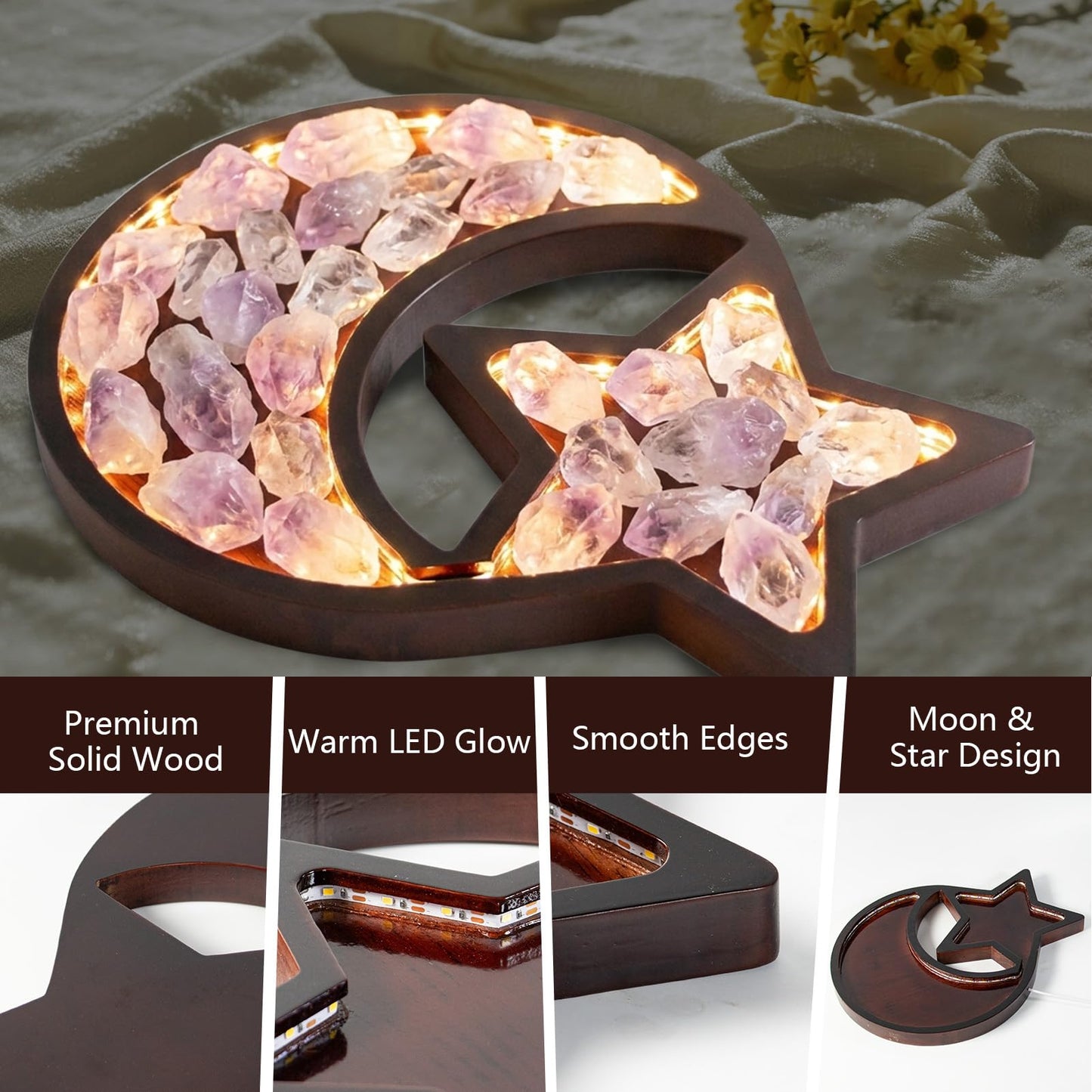 Wooden Crystal Display Holder,Moon and Stars Crystal Rock Holders for Display with LED,Crystal Tray Storage for Healing Stones and Gem - Wiccan Decor and Witchy Gifts (Brown)