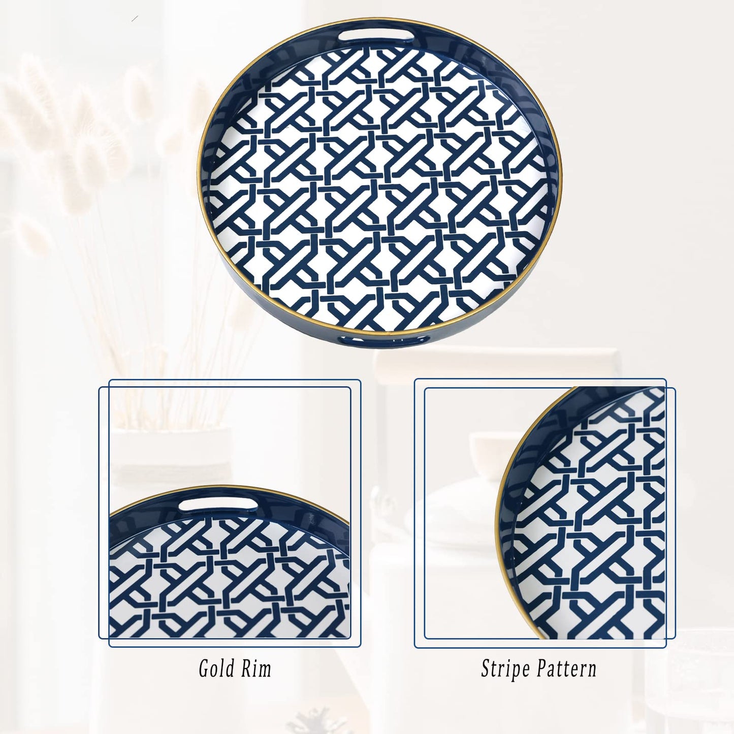 Spsyrine Round Decorative Tray, Plastic Serving Table Tray with Handles for Ottoman, Coffee Table, Bathroom, Kitchen, Living Room, White