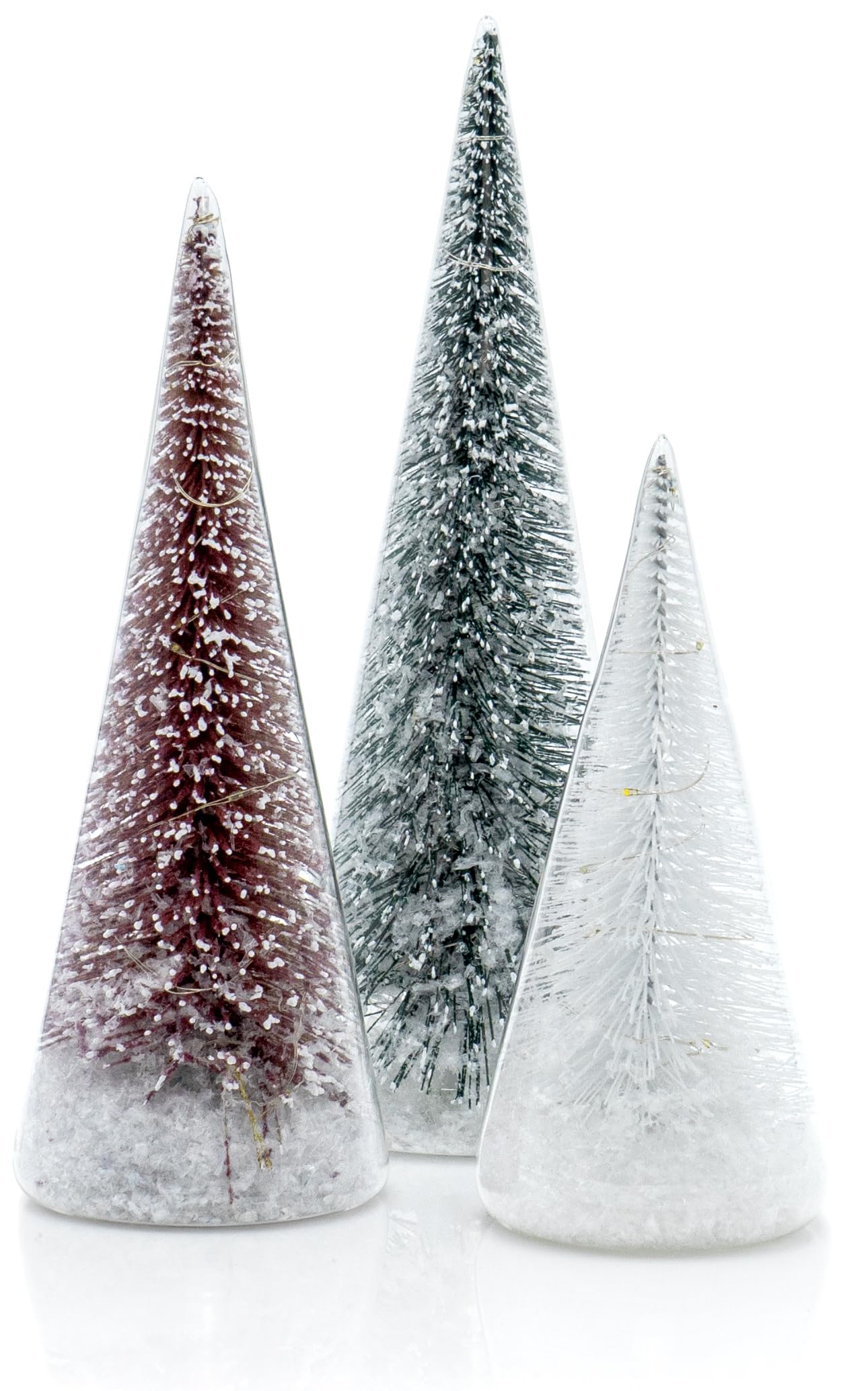 Red Co. Set of 3 (10”, 9”, 7”) Clear Glass Light-Up Decorative Tabletop Christmas Tree Holiday Figurine with LED Lights, Tinsel & Snow
