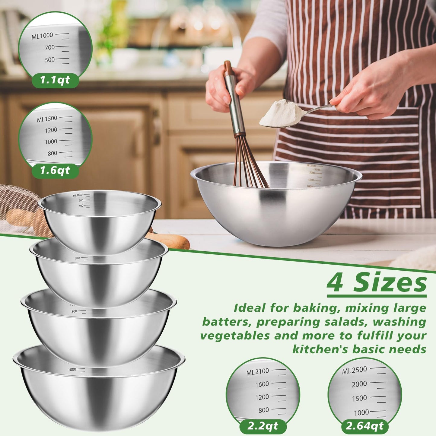 Honeydak 8 Pack Stainless Steel Mixing Bowls with Scale Meal Prep Bowls Dishwasher Safe Stainless Steel Salad Bowl Sizes 1.1, 1.6, 2.2 and 2.64 Qt for Kitchen Baking Cooking Prepping