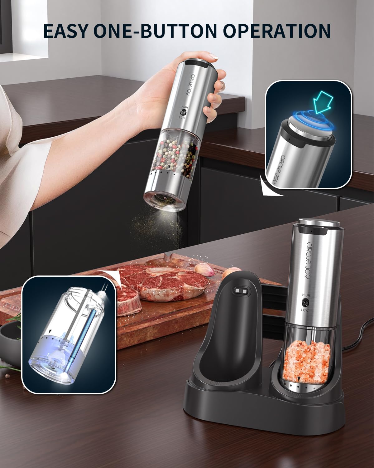 CIRCLE JOY Rechargeable Salt and Pepper Grinder Set Stainless Steel Electric Pepper Grinders with Variable Grinding Speed, External Adjustable Coarseness, Charging Base and White LED Light, Silver