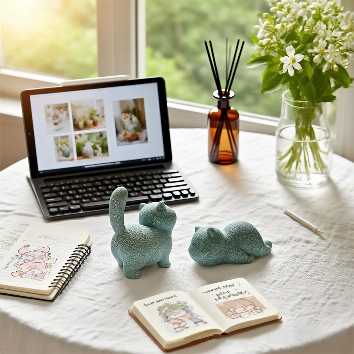 livelyfish Cute Cat Figurine Lucky Cat Statue Sandstone Animal Sculpture Tea Pet Tabletop Ornaments Micro Landscape Fairy Garden Aquarium Decor (B)