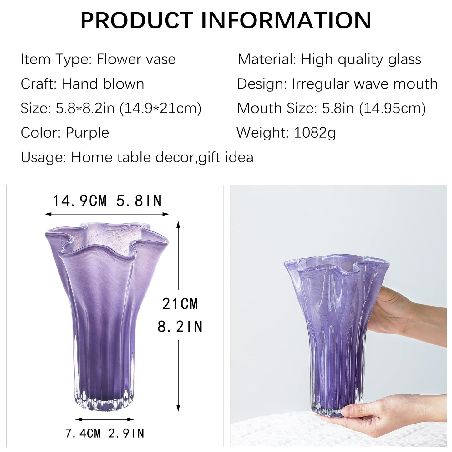 Hand Blown Glass Vase for Flowers Crystal Vases for Bouquet Home Decor Decorative Centerpieces Unique Gift for Christmas Valentines Day Birthday Housewarming Mothers Day