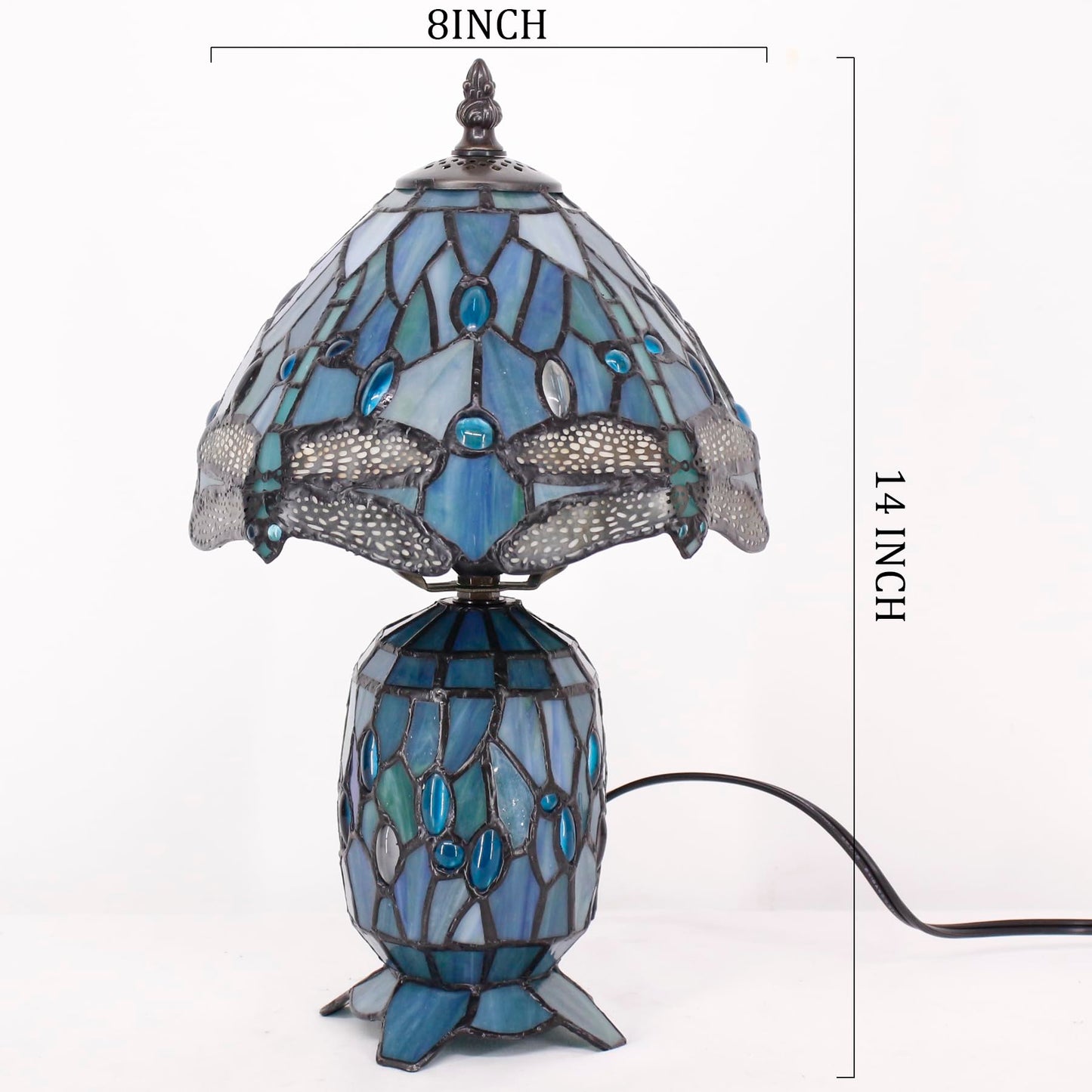 TCODTPOL Tiffany Stained Glass Table Lamp 8X14 Inches (Sea Blue Dragonfly)