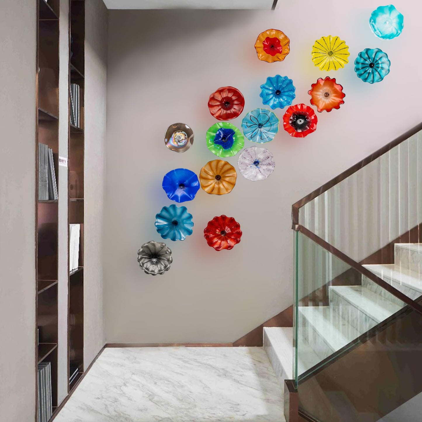 Art Glass Wall Decor Plate, Unique Glass Plate Wall Art, Blue Murano Glass Wall Decoration Plate for Kitchen, Staircase, Dining Room, Hallway