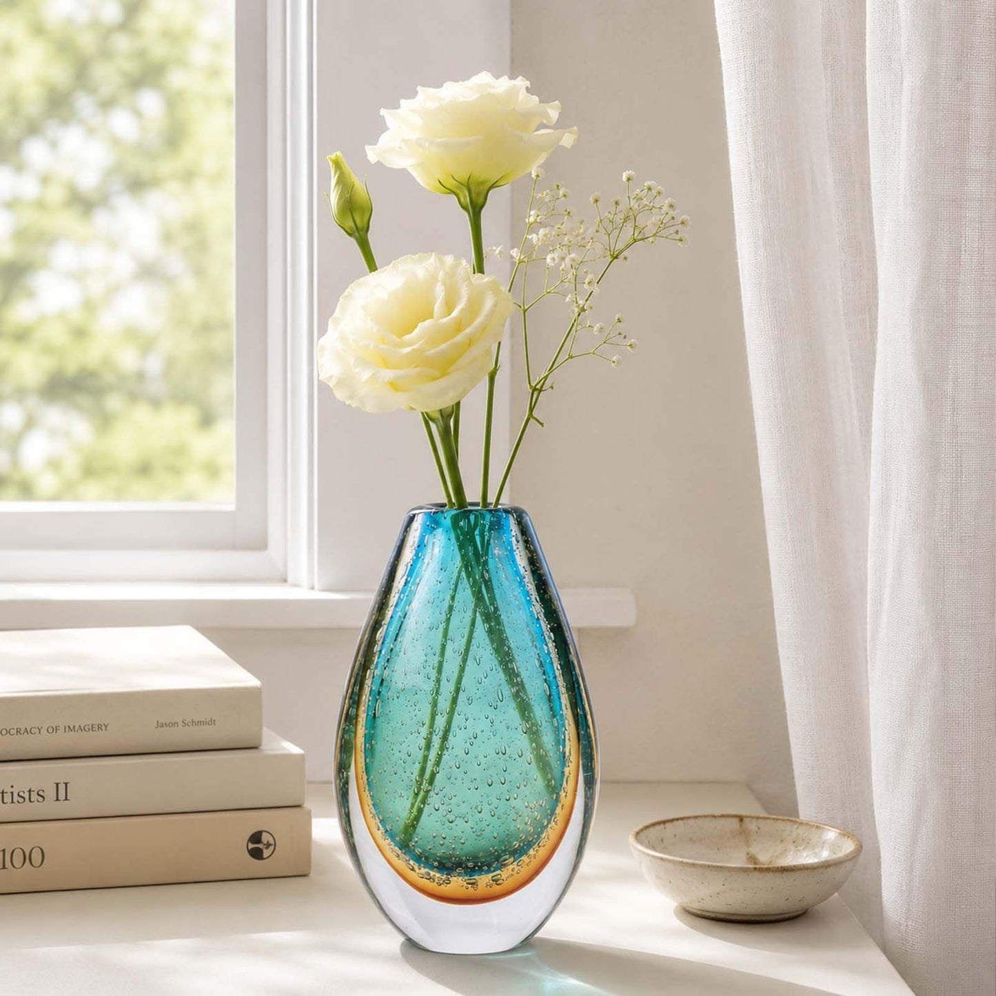 Decorative Glass Flower Vases Blown Vase for Home Decor Living Room Dining Room Shelf Mantel Tabletop Centerpiece Modern Art Deco Style Unique (Green)
