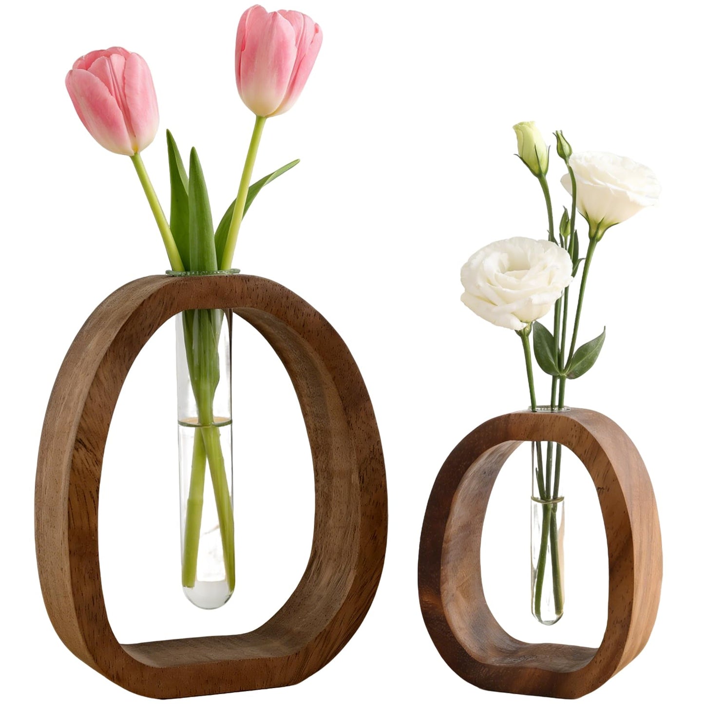 Set of 2 Glass Test Tube Vase Walnut Wood, 5.7” & 3.9” Modern Farmhouse Propagation Stations for Home Decoration, Table Centerpieces, Desk Hydroponic Planter (Large+Small)