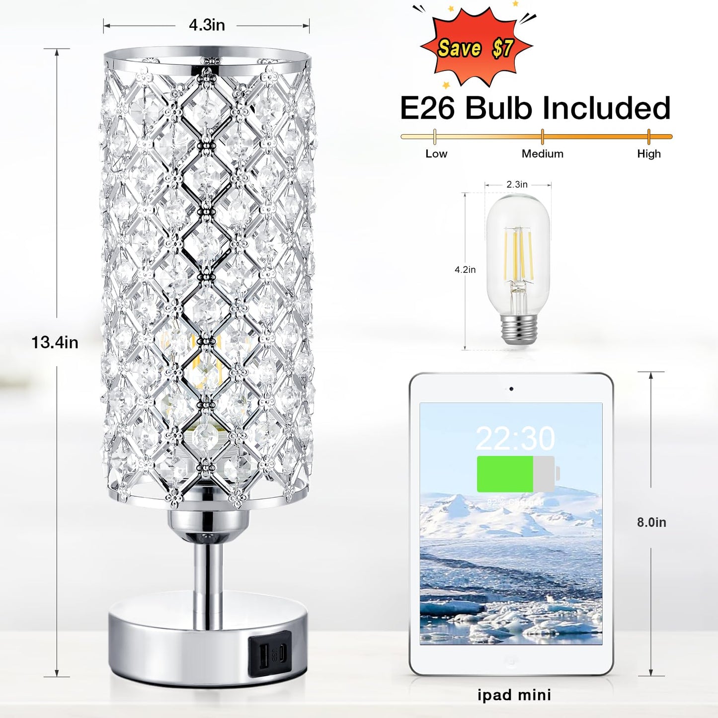 Crystal Touch Lamp with Touch Control, Sliver Table Lamp with USB-C+A Ports, 3 Way Dimmable Bedside Lamp Decorative Modern Nightstand Lamp, Bedroom Light for Living Room Side Table(Bulb Included)