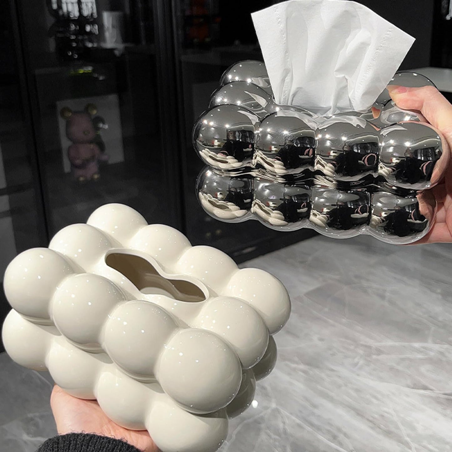 Bazasa Silver Ceramic Tissue Box Cover Decorative Tissue Holder Porcelain Bathroom Accessories Modern Home Decor for Women