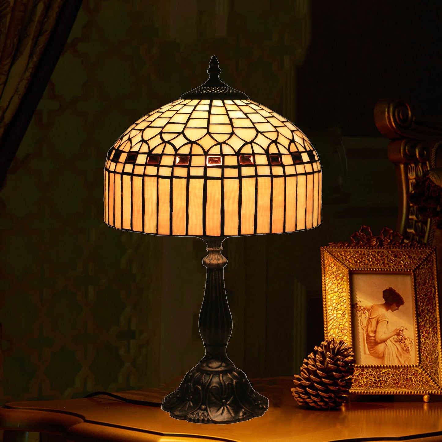 tuomoxte Tiffany Table Lamp, Gold Stripe Stained Glass Shade Bedside Table Lamps,Hand-Made Antique Nightstand Lamp for Bedroom Living Room Home Office+E26 LED Bulb,12X12X19 Inches