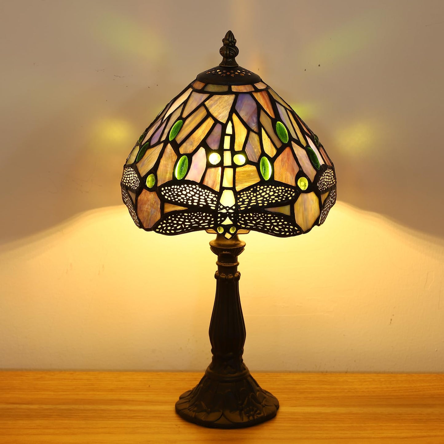 FUMAT Tiffany Small Table Lamp Blue Dragonfly Hand-Made Stained Glass Table Lamps for Bedroom 8.5X8.5X15 Inch Night Light Bedside Nightstand Home Office Desk Lamp W/ E12 LED Bulb