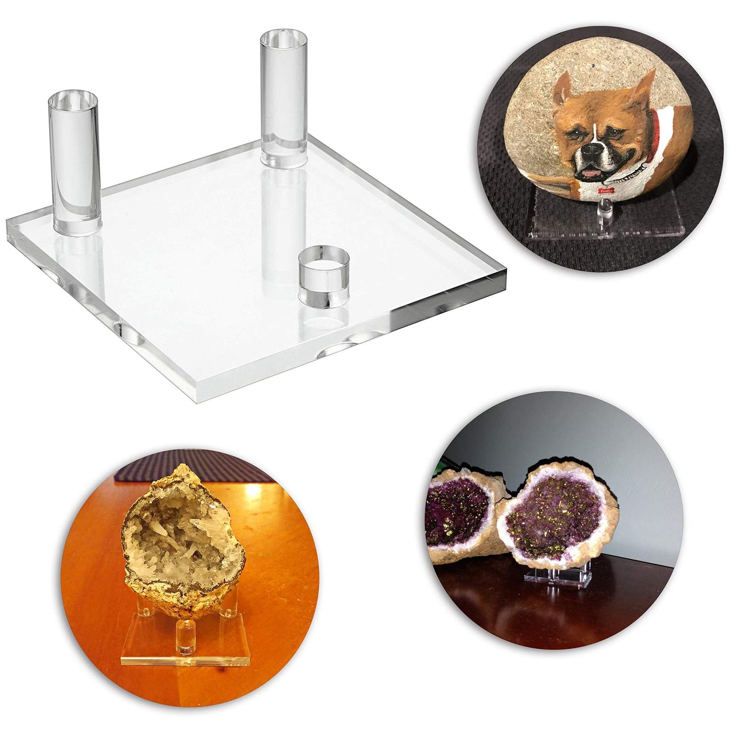 Hipiwe 8 Pack Clear Easel Stand Three Peg Rock Holder Acrylic Display Stand with Square Base Three Peg Rock Display Holder for Geodes Mineral Agate Small Collectibles, 4.3 x 4.3 Inch