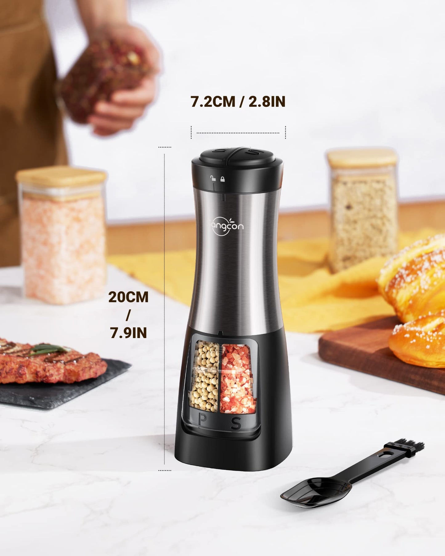 Sangcon 2-in-1 Electric Salt and Pepper Grinder, One Grinder for Two Seasonings, Automatic One-Handed Operation with Light, Adjustable Ceramic Mill, Refillable & Battery Powered