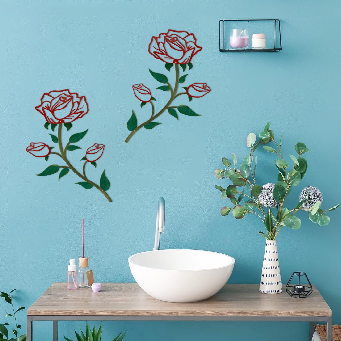 ESTART 2 Pcs Metal Rose Tree Leaf Wall Decor, 15“H Metal Cute Floral Wall Art, Rustic Hanging Sign Flowers Sculpture for Home Living Room Hallway Bedroom Bathroom (2 Pieces-Red Green)