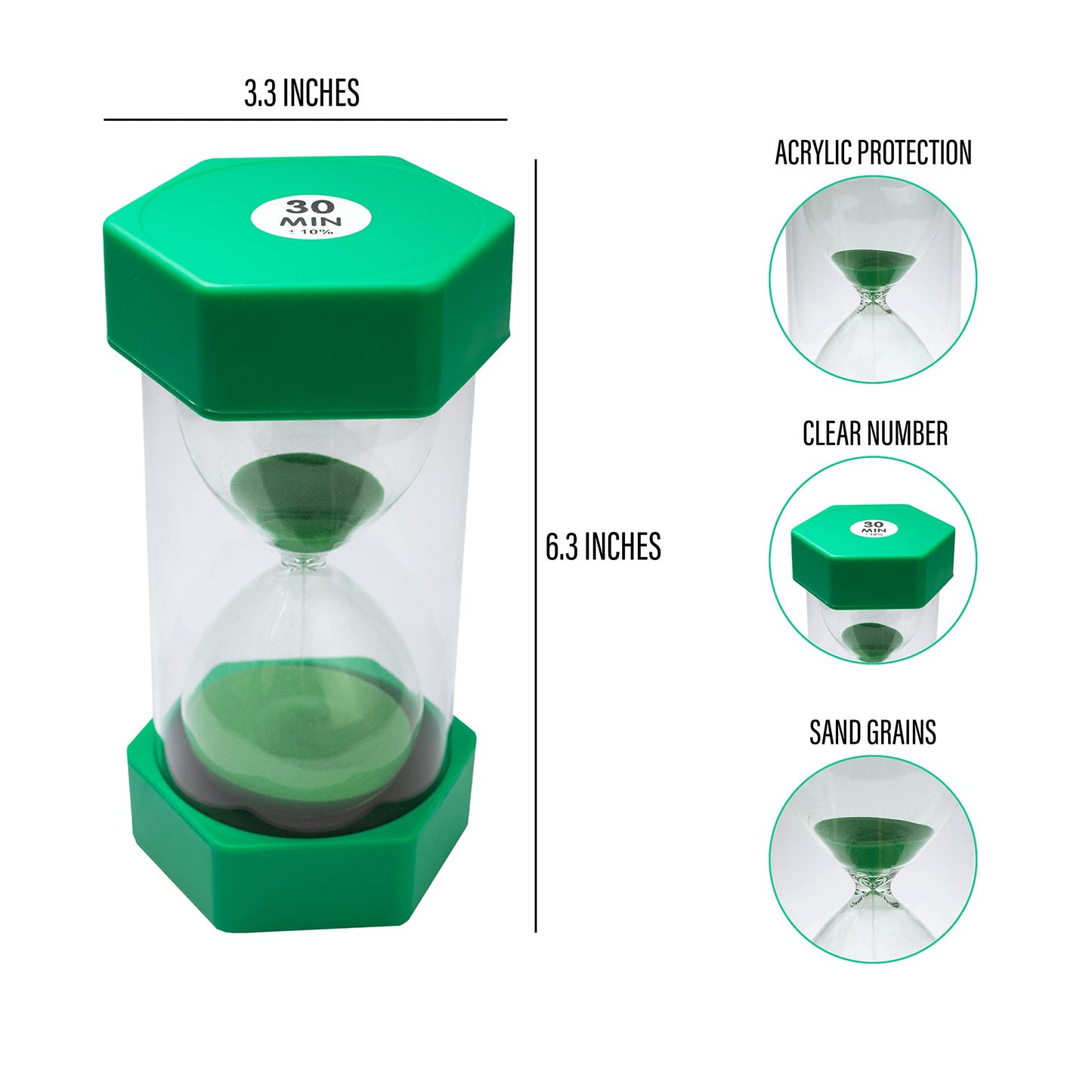TeacherFav Sand Timer for Kids - 30 Minute Green - 6.3 inches Hour Glass Acrylic Covered Clock for Classroom, Home & Kids Room - Large Single Pack