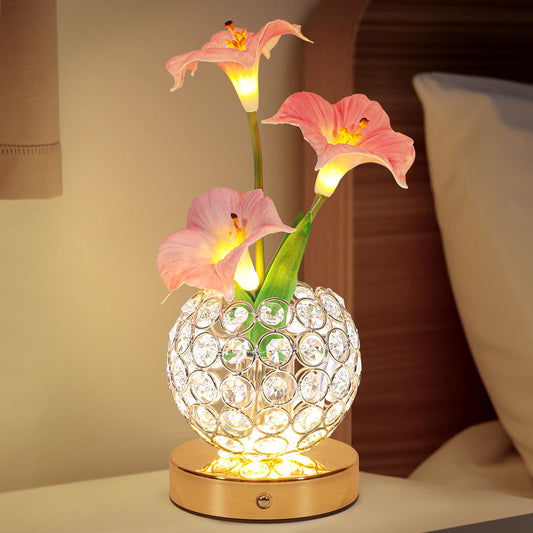 Lazzgan Pink Morning Glory Flowers Table Lamp, Rechargeable Cordless Touch Artificial Flower Crystal Lamp, Kitchen Bedroom Office Decor House Night Light, Birthday Gifts for Women Mom
