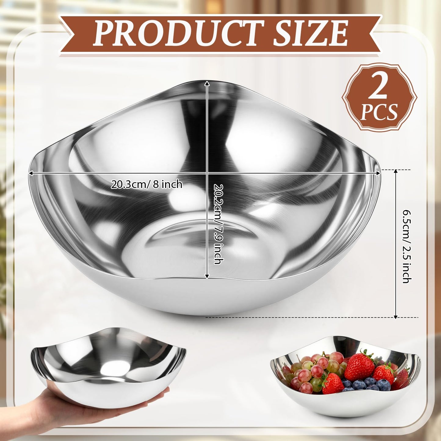 Yiyiring 2 Pcs Large Silver Candy Bowl Stainless Steel Decorative Bowl 8 Inches Candy Dish for Office Entryway Desk Key Tray Table Silver Tray Mirror Polished
