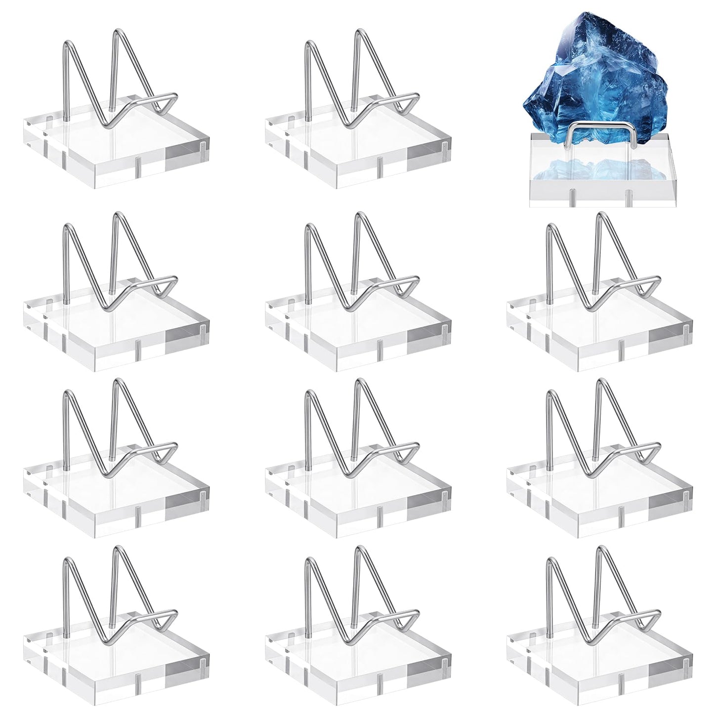 twinklemon 12PCS Clear Acrylic Display Stand Rock Display Holder with Acrylic Pedestal Base and Metal Arms Small Easel Stands for Fossil Coral Crystal Geodes Rock Mineral Agate Collectibles (Silver)